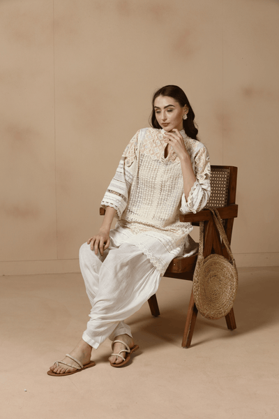 Ivory Patchwork Kurta with Dhoti Salwar