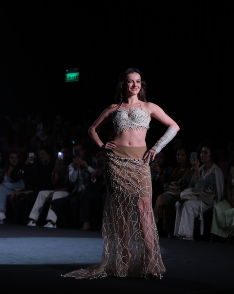 Lattice Cotton Jaali Bra Top &amp; Tulle Cord Appliqué Maxi Skirt Set