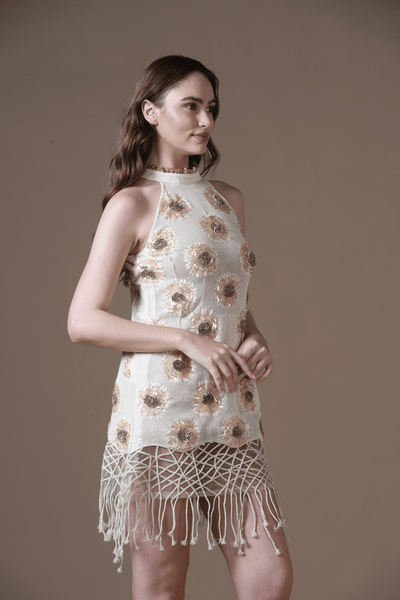 Cotton Woven Lace Mini Dress with All-Over Handwork and Dori Jaal Hem