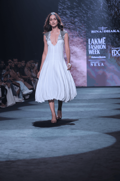 Hand-Embroidered Cotton Crepe Maxi Dress with Silver Fine Beadwork