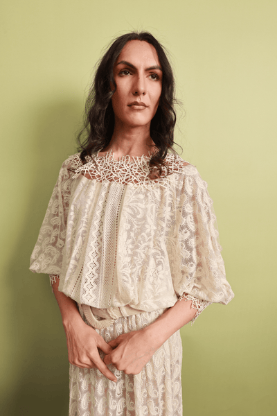 Lace Net Maxi Dress with Cotton Thread Embroidery