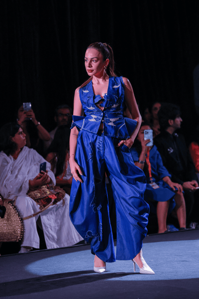 Artisanal Denim Balloon Pants, Bralette & Cutwork Waistcoat Set