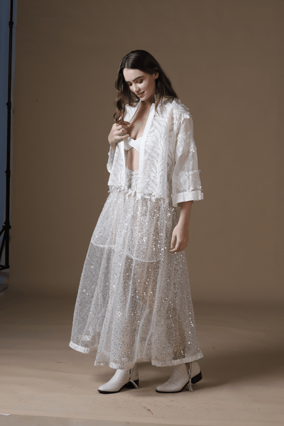 Sequin Embroidered Maxi Skirt, Satin Bra & Seersucker Cutwork Jacket Set