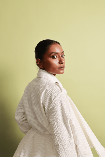 Seersucker Double-Breasted Jacket & Pompom Edge Mini Skirt Set