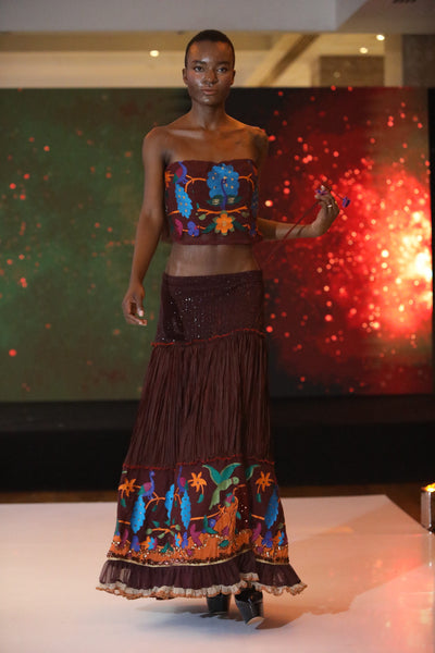 Maroon Paithani Bird Bustier & Crinkled Skirt Set