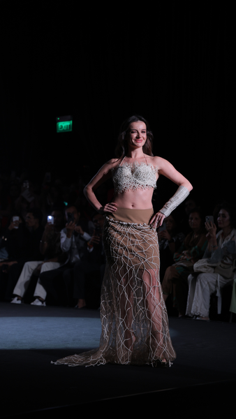 Lattice Cotton Jaali Bra Top &amp; Tulle Cord Appliqué Maxi Skirt Set