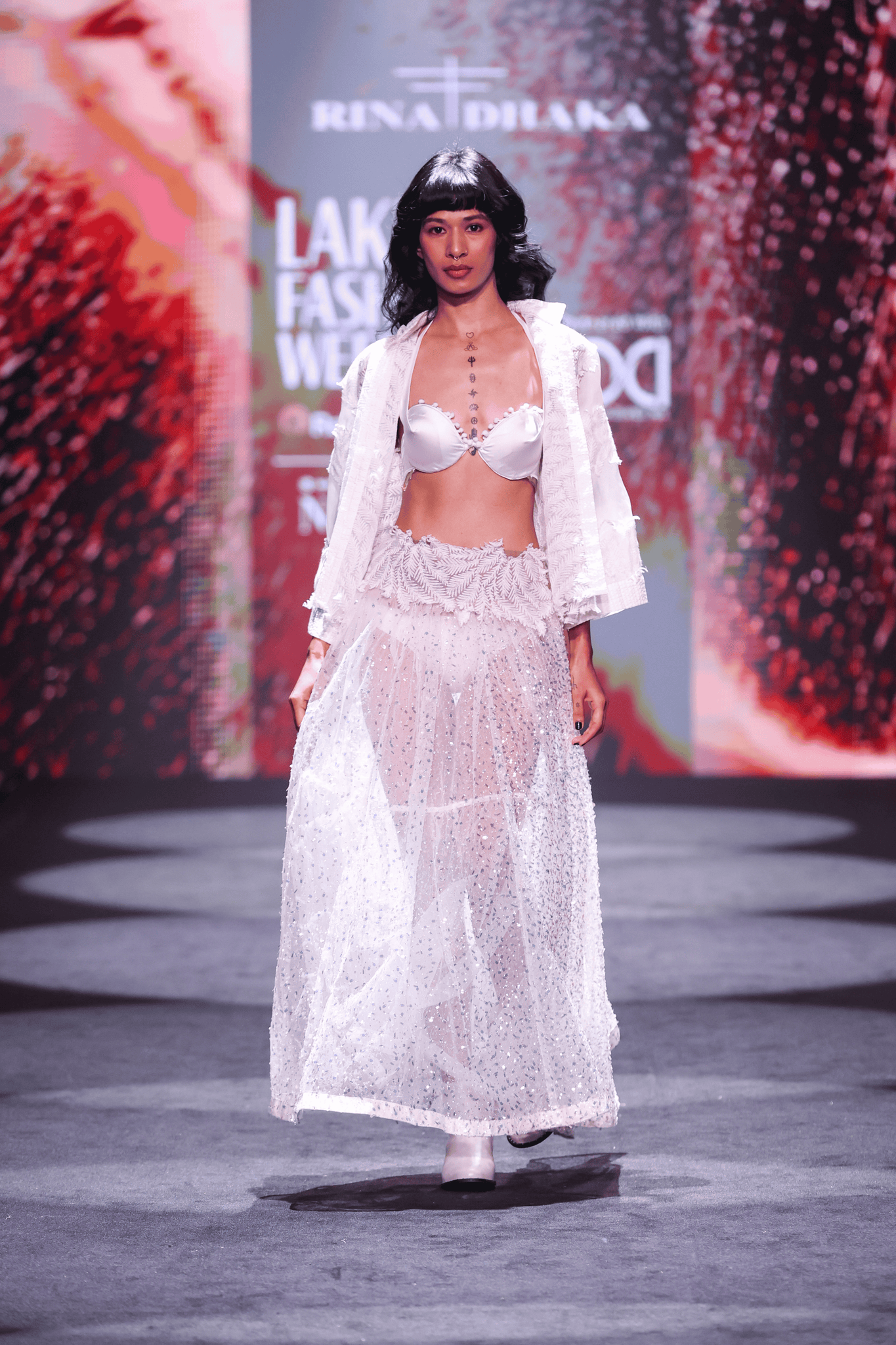 Sequin Embroidered Maxi Skirt, Satin Bra & Seersucker Cutwork Jacket Set