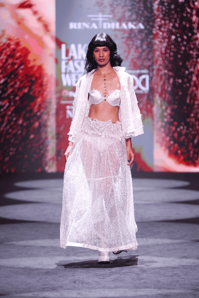 Sequin Embroidered Maxi Skirt, Satin Bra & Seersucker Cutwork Jacket Set