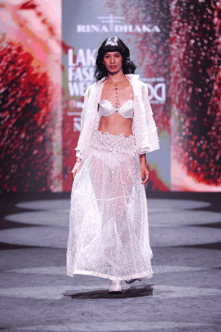 Sequin Embroidered Maxi Skirt, Satin Bra & Seersucker Cutwork Jacket Set