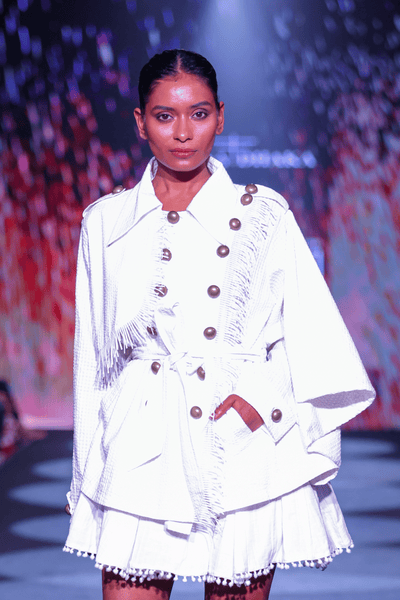 Seersucker Double-Breasted Jacket & Pompom Edge Mini Skirt Set