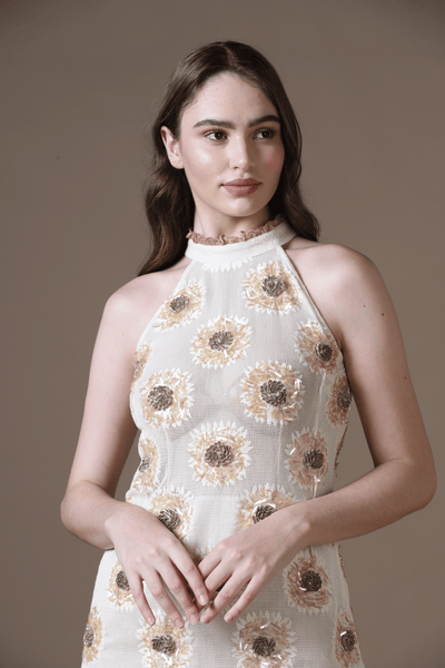 Cotton Woven Lace Mini Dress with All-Over Handwork and Dori Jaal Hem