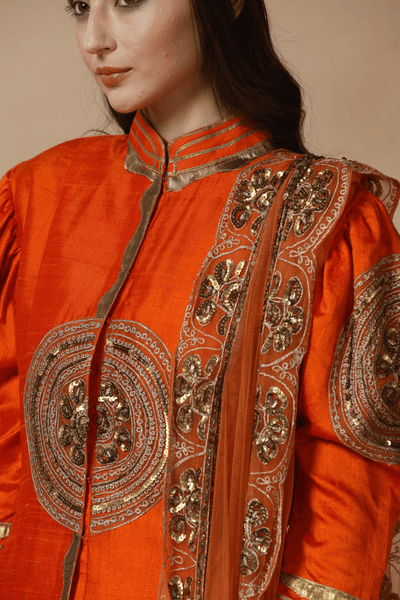Sunset Orange Raw Silk Sharara Set