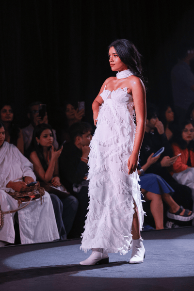 Handloom Cotton Woven Fringe Maxi Dress with Leaf Lace Bralette