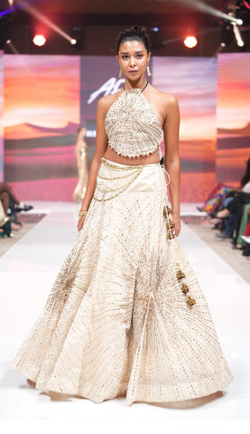 Beige chanderi lehenga with sunray hand embroidered