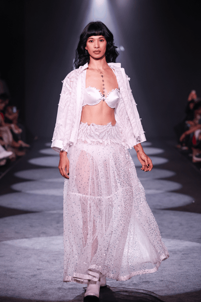 Sequin Embroidered Maxi Skirt, Satin Bra & Seersucker Cutwork Jacket Set