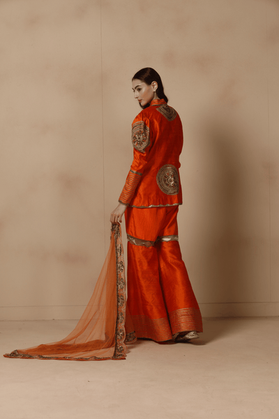 Sunset Orange Raw Silk Sharara Set