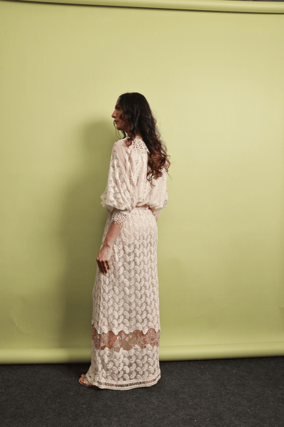 Lace Net Maxi Dress with Cotton Thread Embroidery