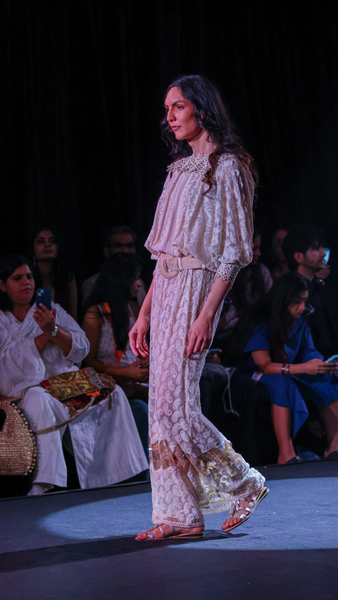 Lace Net Maxi Dress with Cotton Thread Embroidery