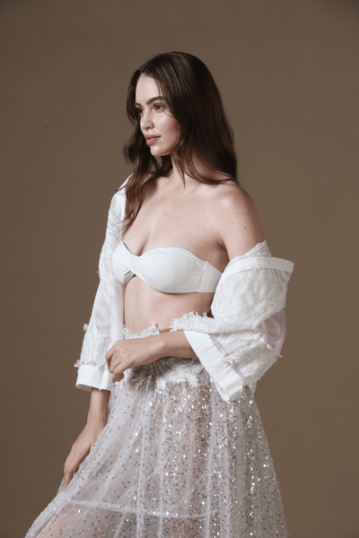 Sequin Embroidered Maxi Skirt, Satin Bra & Seersucker Cutwork Jacket Set