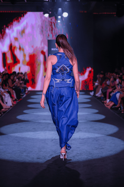 Artisanal Denim Balloon Pants, Bralette & Cutwork Waistcoat Set