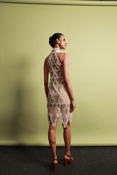 Sheer Halter Dress with All-Over Taj Jaali Design Embroidery