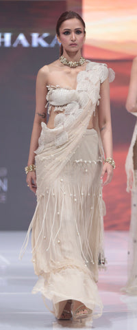 Cream pearl cording chiffon saree skirt