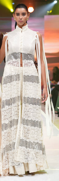 Cream lace sharara pants with silver lace insert tape detailing