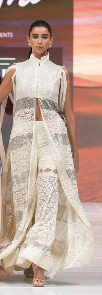 Cream lace sharara pants with silver lace insert tape detailing