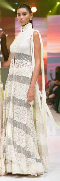 Cream lace sharara pants with silver lace insert tape detailing
