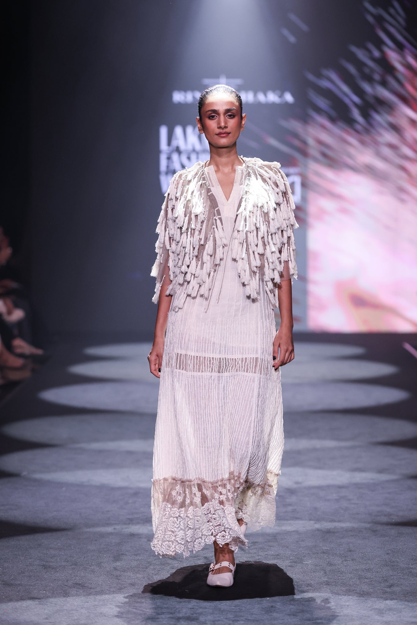 Velour Thread Cotton Maxi Dress & Tasseled Net Gilet Ensemble