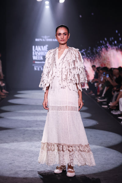 Velour Thread Cotton Maxi Dress & Tasseled Net Gilet Ensemble