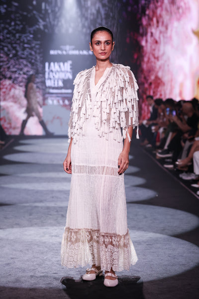 Velour Thread Cotton Maxi Dress & Tasseled Net Gilet Ensemble