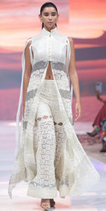 Cream lace sharara pants with silver lace insert tape detailing