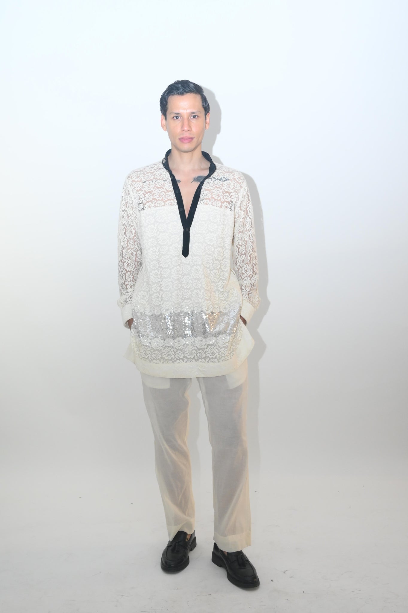White lace hi low with emb velvet collar kurta