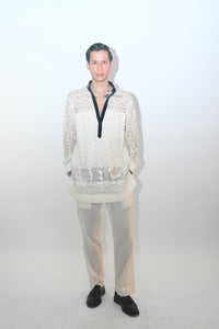 White lace hi low with emb velvet collar kurta