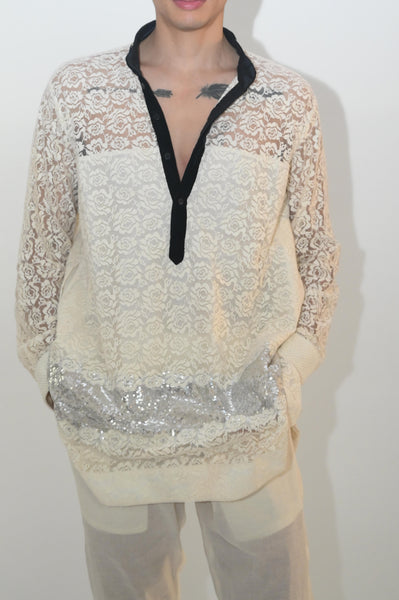 White lace hi low with emb velvet collar kurta