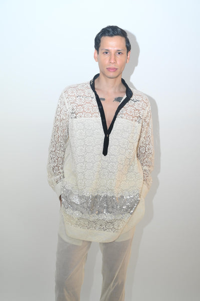 White lace hi low with emb velvet collar kurta