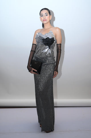 Asymmetric Metallic Gown with Sequin Appliqué and Sheer Gloves