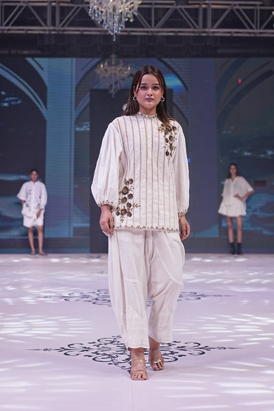 Embroidered Blouse & Cotton Barrel Pants