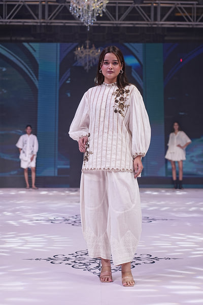 Embroidered Blouse & Cotton Barrel Pants