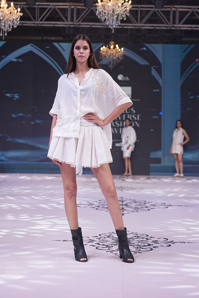 Embroidered Kimono Top & Pompom Skirt Set