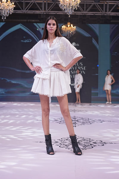 Embroidered Kimono Top & Pompom Skirt Set