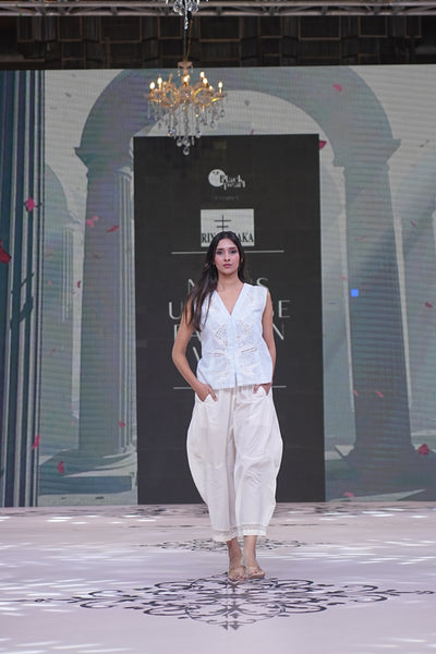 Hand-Embroidered Linen Gilet & Cotton Barrel Pants Set
