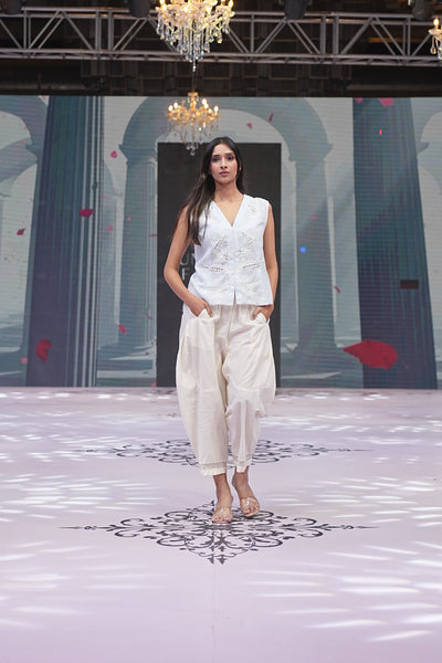 Hand-Embroidered Linen Gilet & Cotton Barrel Pants Set