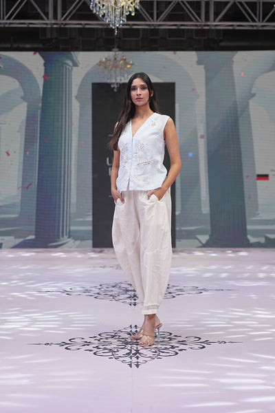 Hand-Embroidered Linen Gilet & Cotton Barrel Pants Set
