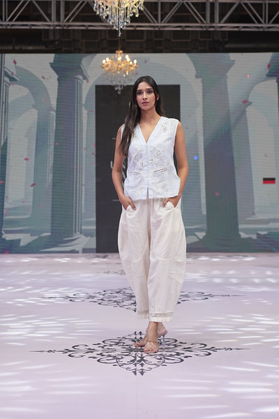 Hand-Embroidered Linen Gilet & Cotton Barrel Pants Set