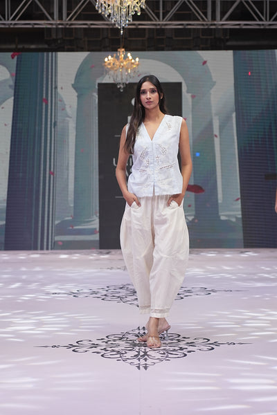 Hand-Embroidered Linen Gilet & Cotton Barrel Pants Set