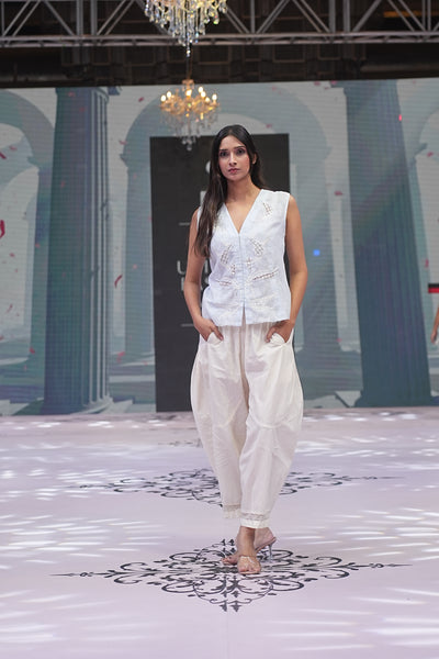 Hand-Embroidered Linen Gilet & Cotton Barrel Pants Set