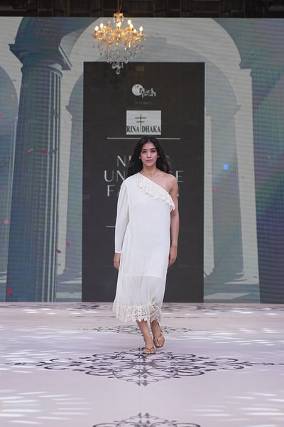 Plissé Asymmetrical Dress with Lace Edges