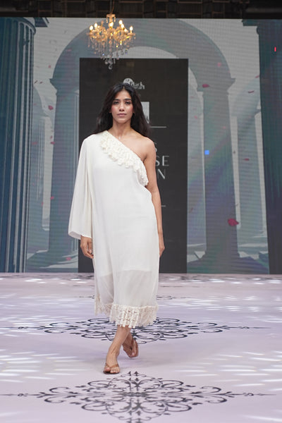 Plissé Asymmetrical Dress with Lace Edges